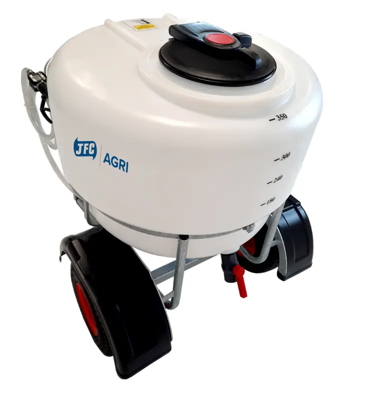 JFC Agri ATV Milk Kart 340 L calf milk feeder on a wheeled cart with JFC Agri logo.