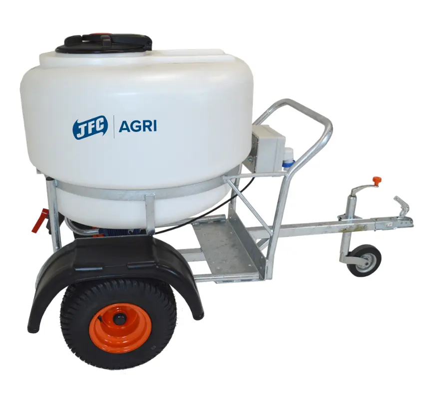 JFC Agri ATV Milk Kart, white 340 L tank, tow-behind calf milk feeder on metal frame with orange wheels, CE certified