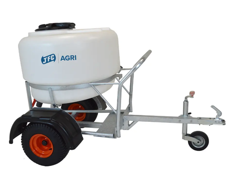 Agri ATV Milk Kart 340L, white JFC Agri calf milk feeder on a galvanized steel frame with orange wheels