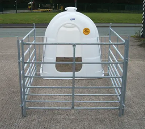JFC Agri Large White Single Calf Hutch with Penning System, plastic shelter in a metal pen enclosure
