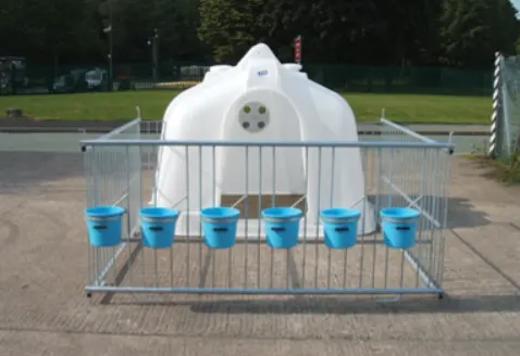 JFC Agri Compact Group Calf Hutch, white housing with 6 blue SB2 buckets on a metal pen