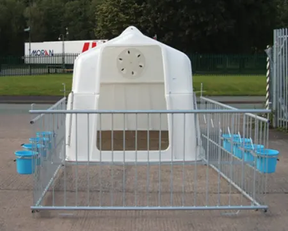 JFC Agri Super Calf Hutch White with 8 blue SB2 buckets, brackets and penning