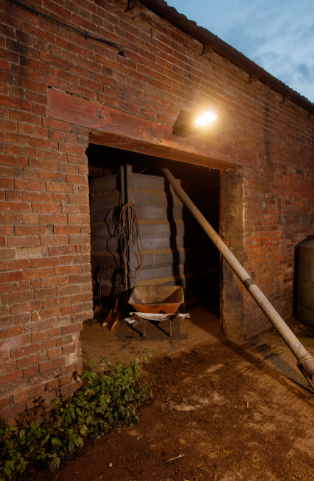 JFC Agri Mini Saber Solar Floodlight mounted above a brick doorway for outdoor farm security lighting.