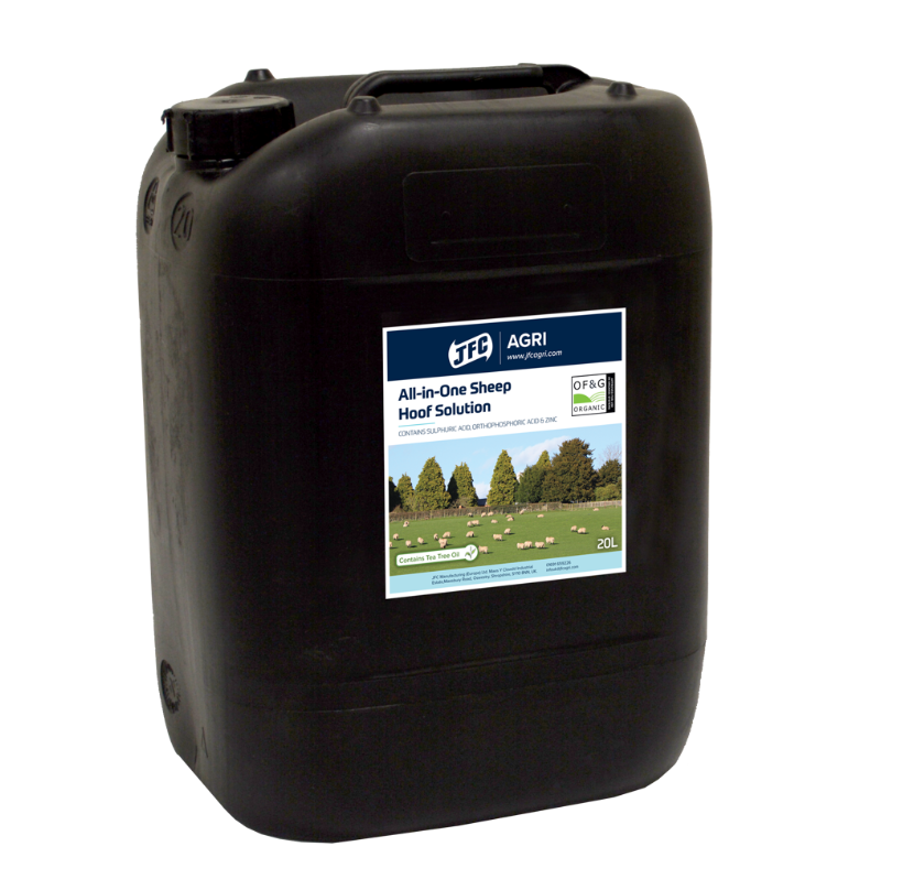 All-in-One Sheep Hoof Treatment by JFC Agri in a black plastic 20L container