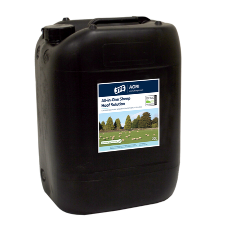 All-in-One Sheep Hoof Treatment by JFC Agri in a black plastic 20L container