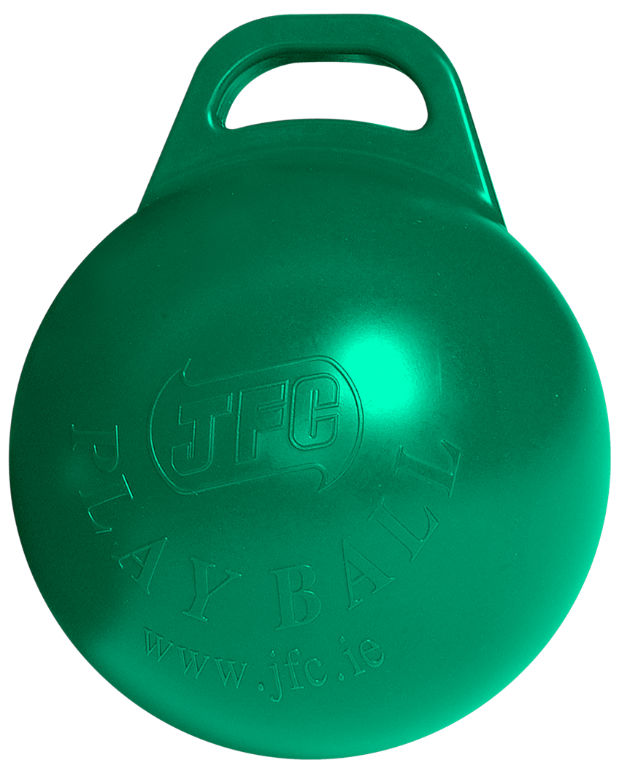 JFC Playball green plastic horse enrichment toy with handle by JFC Agri for haybells, hang or loose