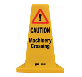 JFC Agri traffic cone yellow with CAUTION Machinery Crossing text and JFC Agri logo