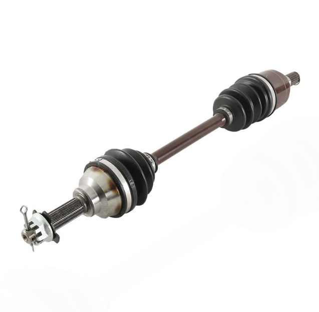 Suzuki KingQuad front CV driveshaft with brown shaft and black rubber boots
