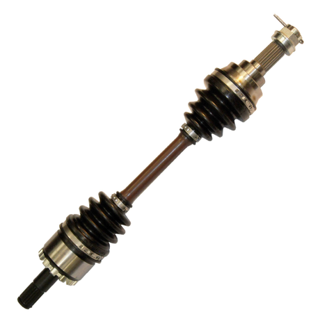 CV driveshaft - Front Left for Kawasaki KVF Prairie models (2002-2013), brown axle with black CV boots, complete shaft