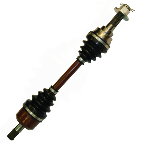 CV driveshaft for Kawasaki Mule front, brown steel shaft with black rubber CV boots