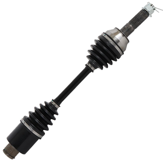CV driveshaft complete; black shaft with ribbed rubber CV boots and metal clamps, ATV City.