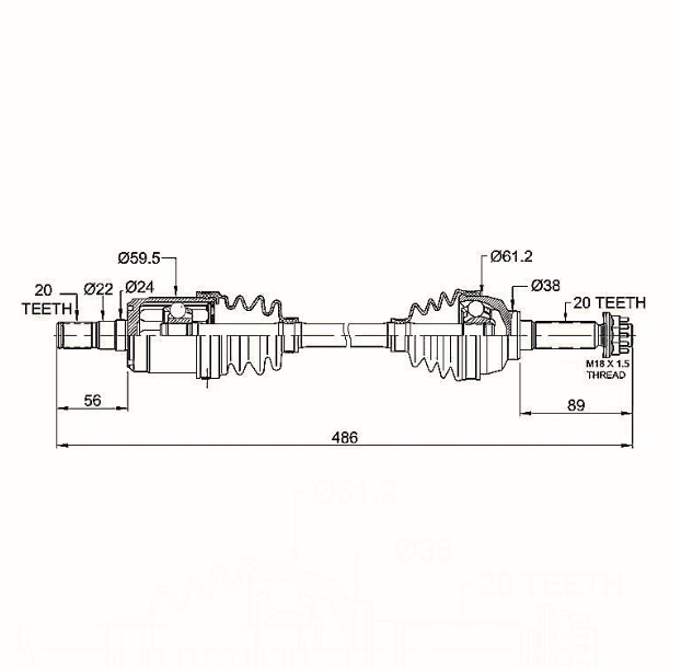 CV shaft diagram for Suzuki LTF/A 500F Vinson 2003-07 front left, ATV City drive shaft (complete)