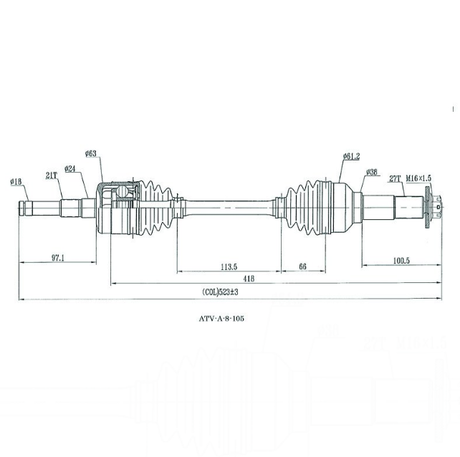 CV Driveshaft Front diagram for Yamaha Kodiak 400 (YFM400A/YFM400FA) by ATV City with dimensions