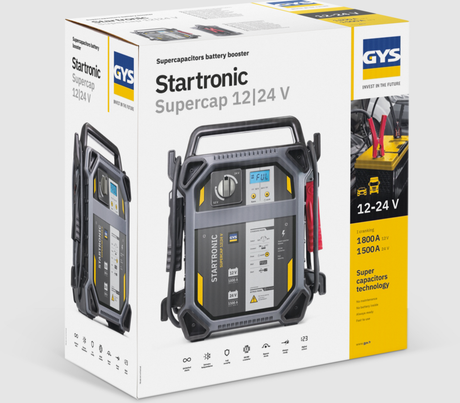 GYS Startronic Supercap 12/24V jump starter box; grey/black portable vehicle booster with yellow accents.