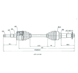 CV driveshaft rear right schematic with booted CV joints and length measurements