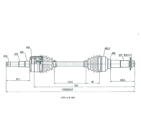 CV driveshaft rear right schematic with booted CV joints and length measurements