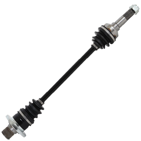 CV driveshaft assembly for ATV drive shafts, rear-right; black shaft with metal CV joints and boots.