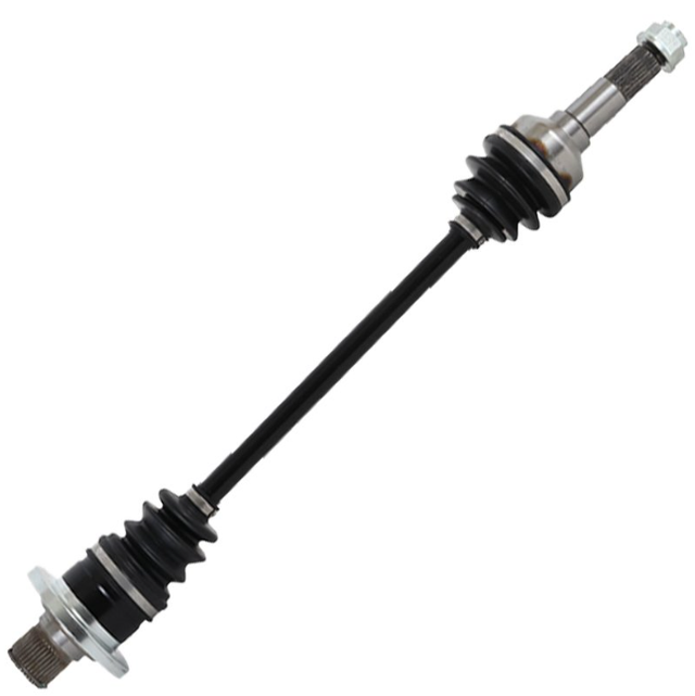 CV driveshaft assembly for ATV drive shafts, rear-right; black shaft with metal CV joints and boots.