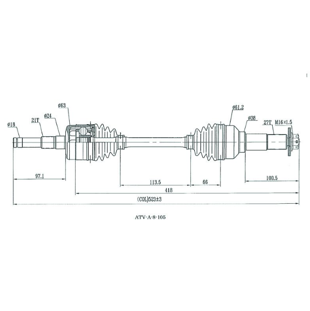 Front CV driveshaft, complete, blueprint-style diagram with dimensions for ATV City Yamaha YFM700 Grizzly