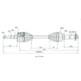Front CV driveshaft, complete, blueprint-style diagram with dimensions for ATV City Yamaha YFM700 Grizzly