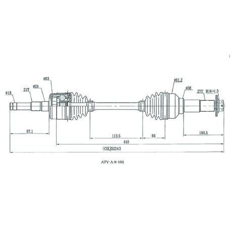 Front CV driveshaft, complete, blueprint-style diagram with dimensions for ATV City Yamaha YFM700 Grizzly