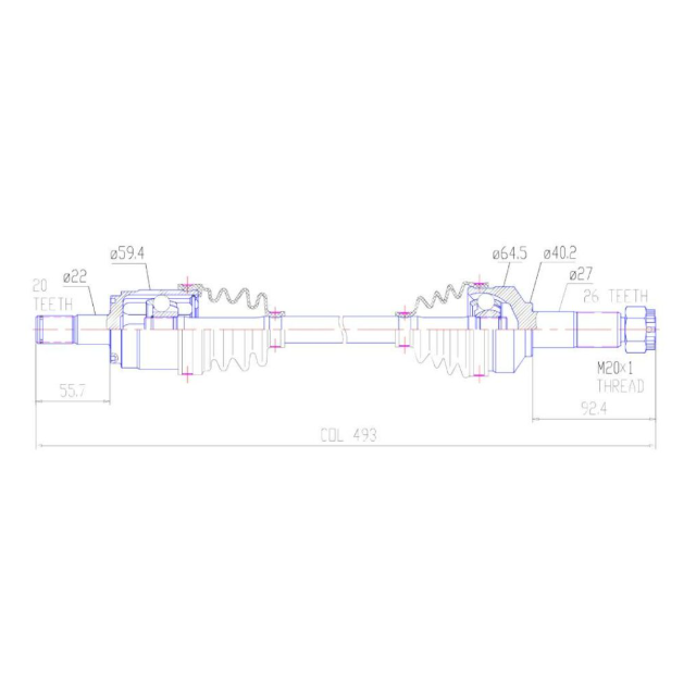 CV Driveshaft – Front Left; blueprint-style drawing, ATV City brand for Honda TRX420FA IRS / TRX500FA / TRX500FE / TRX500FM (2014–2019)