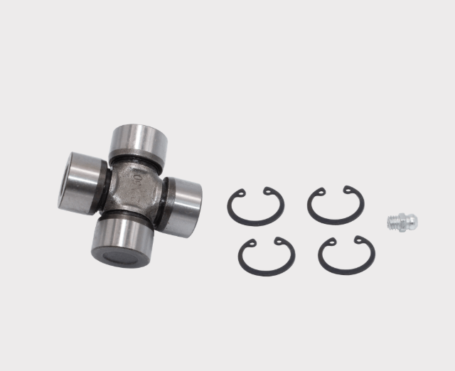 CF-Moto universal joint for drive shafts; cross-shaped U-joint with four bearing caps, circlips and grease fitting.