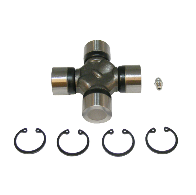Universal joint for Kioti Mechron rear drive shaft by ATV City, with four silver bearing caps and snap rings.