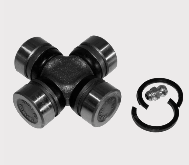 Universal joint cross for drive shafts; silver metal with bearing caps and retaining rings