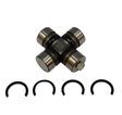 Universal joint cross with four end caps and retaining rings, metallic silver caps on a black steel cross