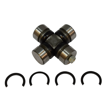 Universal joint cross with four end caps and retaining rings, metallic silver caps on a black steel cross