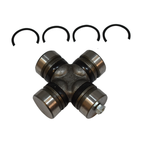 Universal joint drive shaft cross with four bearing caps and four retaining rings