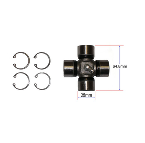 Universal joint cross for drive shafts with four end caps and six snap rings included.