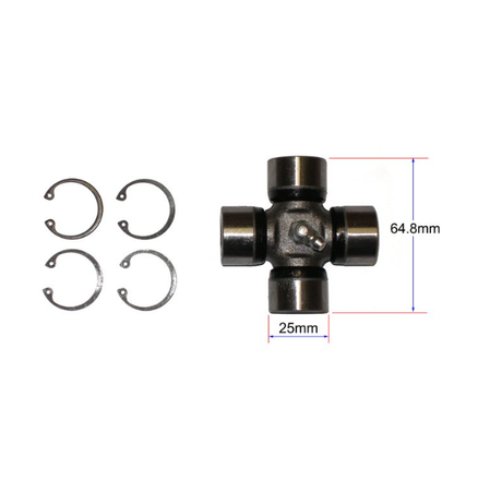 Universal joint cross for drive shafts with four end caps and six snap rings included.