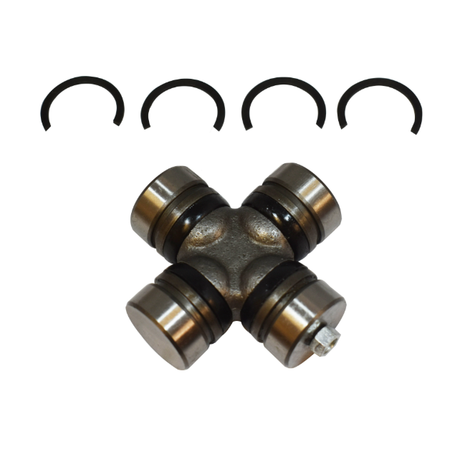 Universal joint cross for ATV drive shafts with four bearing caps and snap rings