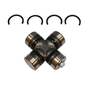Universal joint cross for ATV drive shafts with four bearing caps and snap rings