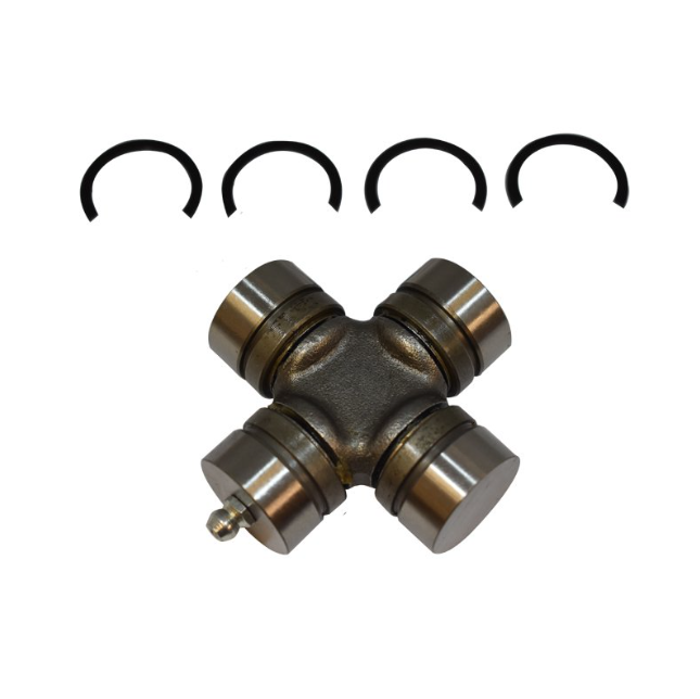 Universal joint for ATV drive shaft, steel cross with four bearing caps and four snap rings