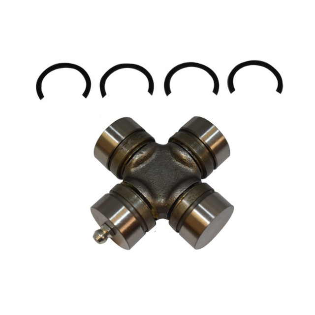 Universal joint for ATV drive shaft, steel cross with four bearing caps and four snap rings
