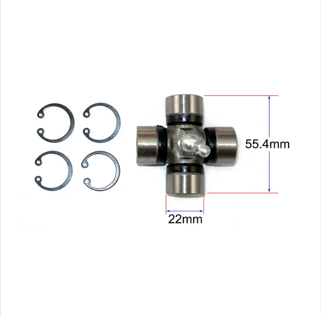 Universal Joint front cross by ATV City; silver metal with four bearing caps, fits Polaris RZR800 and Can-Am Outlander/Commander.