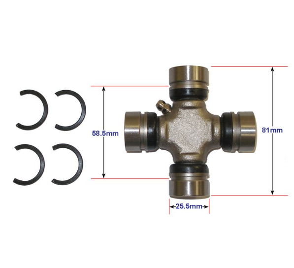 Universal joint for Polaris ATV rear drive shaft with four bearing caps and C-clip rings (1996–2000)