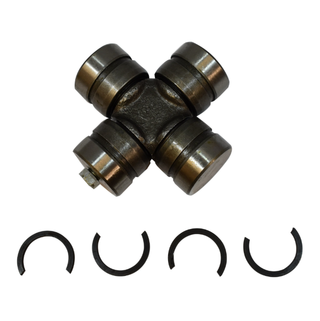 Universal joint cross in steel for Polaris ATV rear and middle axles, 1996–2005, with four bearing caps and retaining rings.
