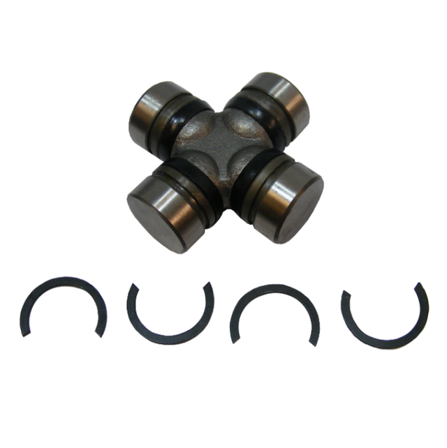 Universal joint cross with four bearing caps and four snap rings, metallic gray.