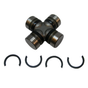Universal joint cross with four bearing caps and four snap rings, metallic gray.