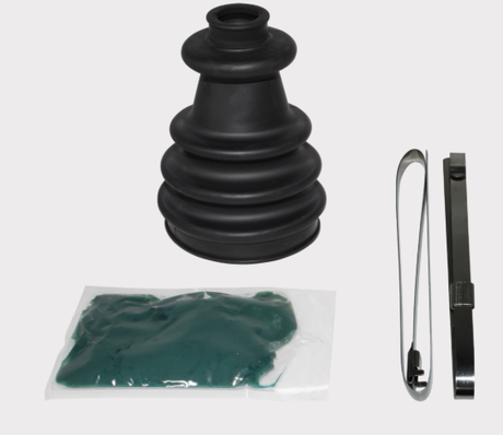 CV Boot Kit 5002 for multi-brand ATV axles; black rubber boot, green grease, clamps and installation tool.