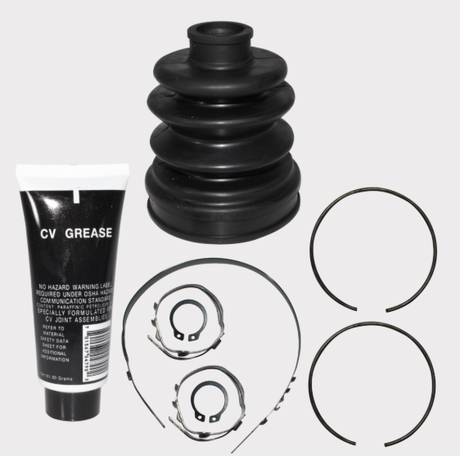 CV Boot Kit 5001 for ATV axles; black rubber boot with grease tube, clamps, and snap rings.