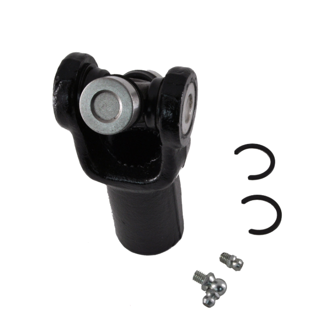 ATV City Polaris Ranger front propshaft yoke with U-joint kit; black metal with two snap rings and bolts