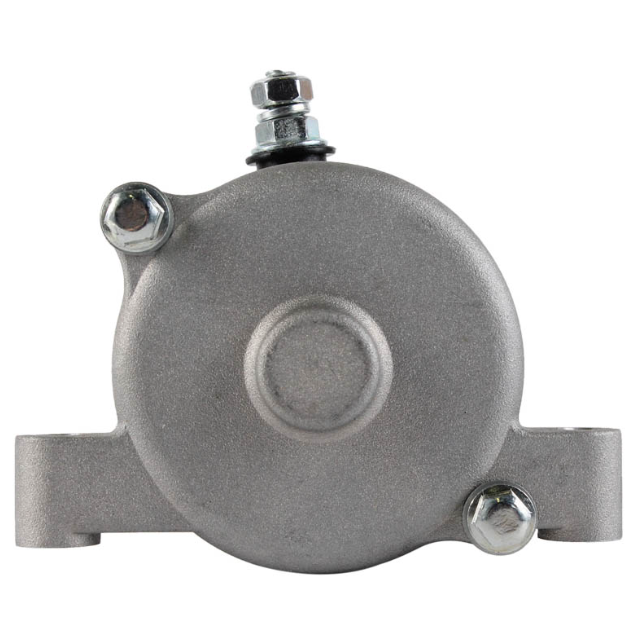 Starter motor for ATV, silver metal body with mounting tabs and terminal stud.