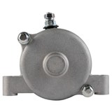 Starter motor for ATV, silver metal body with mounting tabs and terminal stud.
