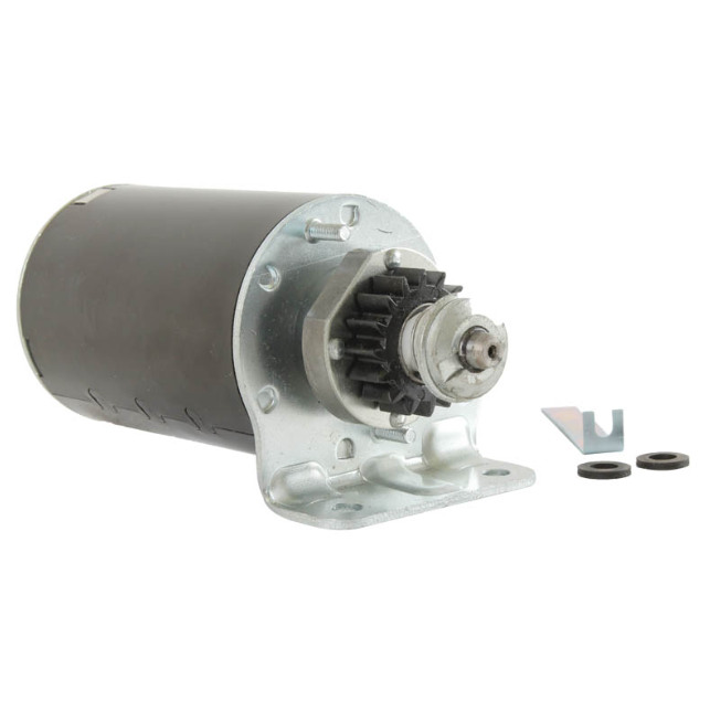 Starter motor with black housing and silver mounting flange; drive gear visible.