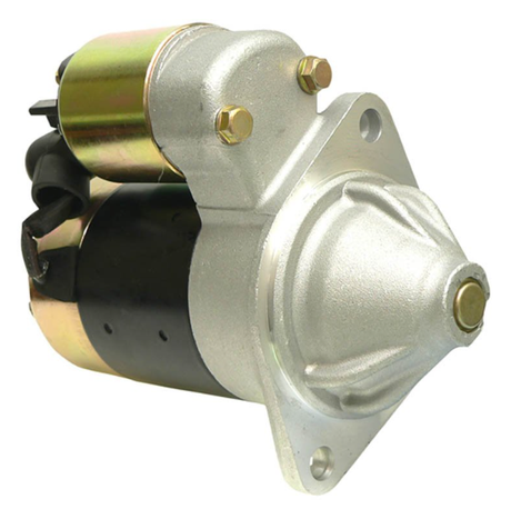 Starter motor for John Deere Gator; silver front housing with black body and mounting flange